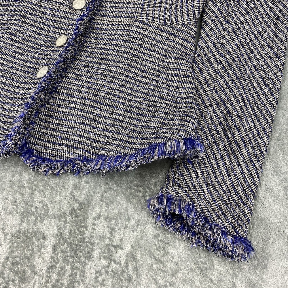 Theyskens' Theory Jacket Womens 4 Blue Jossak Tweed Button Fringe Metallic Lady - Picture 2 of 13
